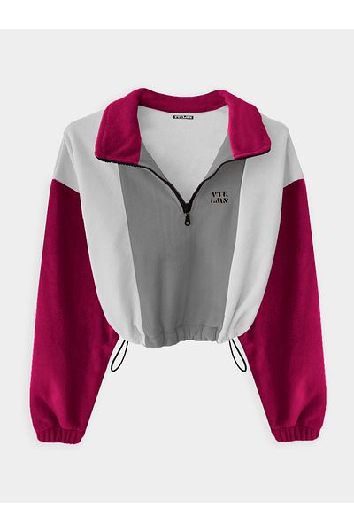 Vatkalimon Γκρι λευκό φούξια μισό φερμουάρ Crop Fleece