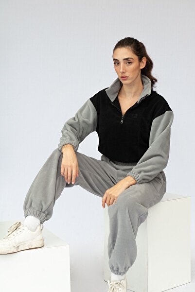 Vatkalimon Black Gray Half Zip Crop Fleece