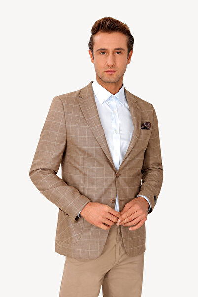 Ysf Erkek Kahve Bej Keten Ekose Klasik Ceket