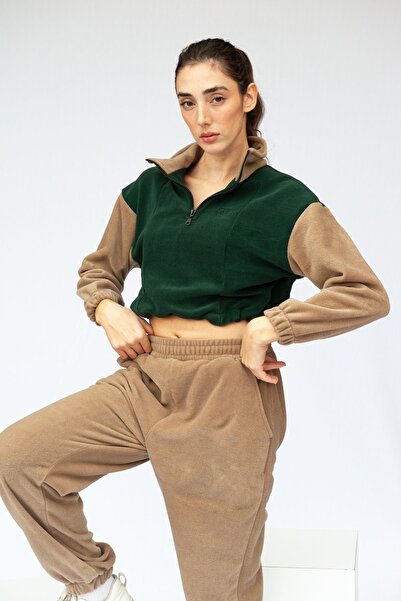 Vatkalimon Khaki Brown Half Zip Crop Fleece