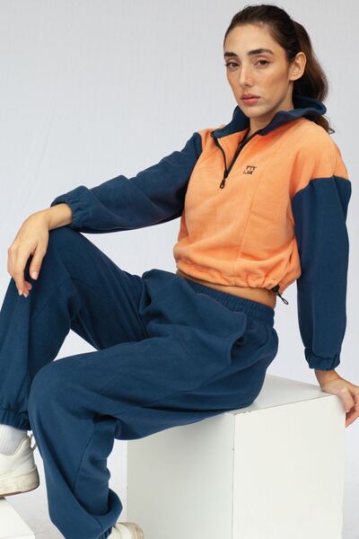 Vatkalimon Navy Blue Crop Fleece - Salmon with Half Zipper