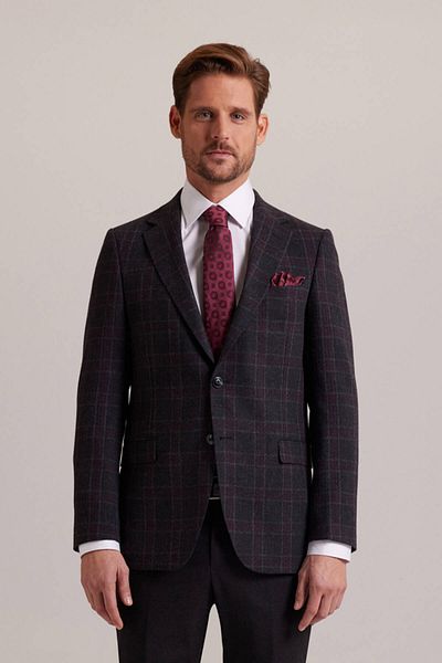 Ysf Men's Smoked Winter Wool Regular Fit Plaid Patterned Single Jacket