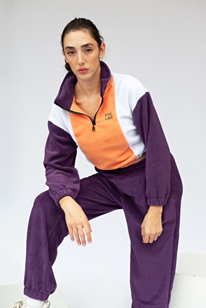 Vatkalimon Salmon White Purple Half Zip Crop Fleece