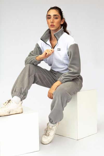 Vatkalimon White Gray Half Zip Crop Fleece