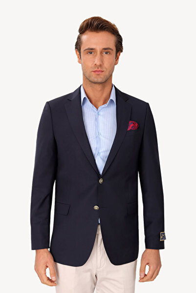 Ysf Erkek Lacivert Klasik Yünlü Mono Yaka Blazer Ceket