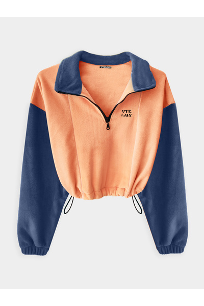 Vatkalimon Navy Blue Crop Fleece - Salmon with Half Zipper