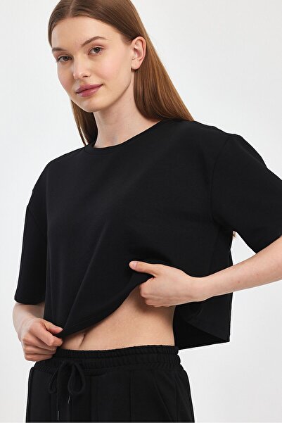 Penyelux Black Soft Textured Crew Neck Oversize Crop T-shirt - 2 Thread Washable
