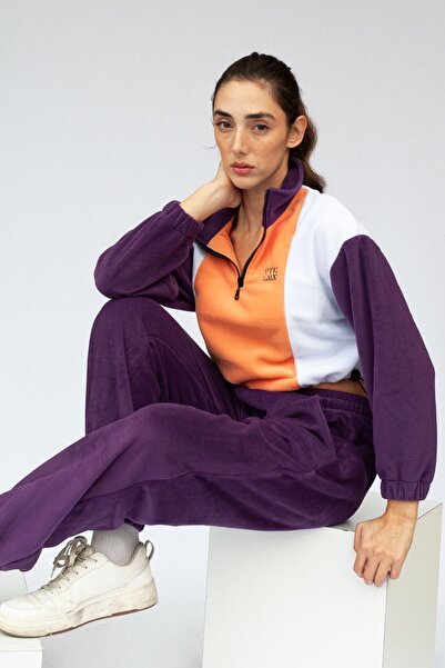 Vatkalimon Salmon White Purple Half Zip Crop Fleece