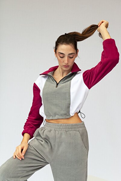 Vatkalimon Gray White Fuchsia Half Zip Crop Fleece