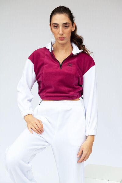 Vatkalimon Fuchsia White Half Zip Crop Fleece