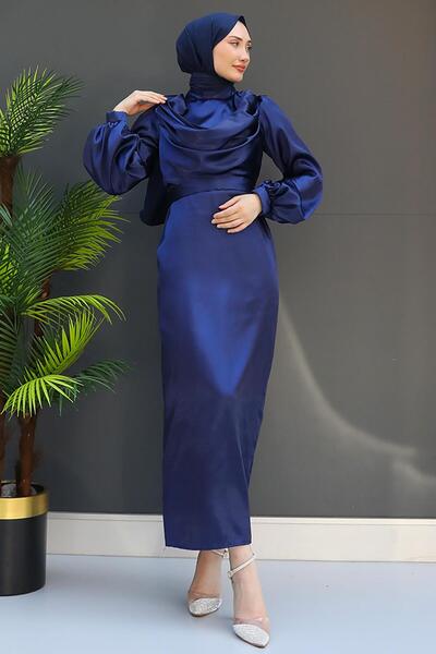 GİZ AGİYİM Βραδινό μπλε ντραζιέρα φόρεμα με χιτζάμπ