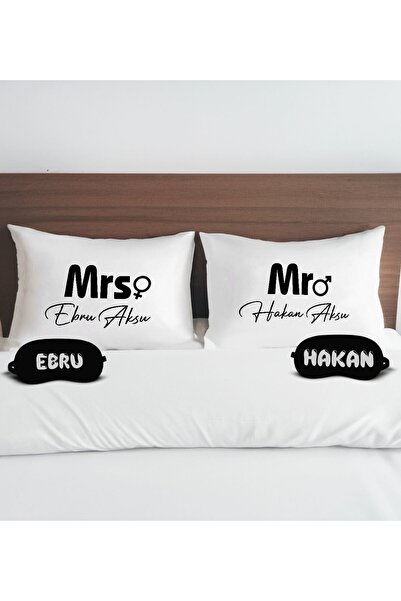 Bk Gift Kişiye Özel Mr Mrs İsimli Tasarımlı Pamuklu Yastık Kılıfı ve Göz Band...
