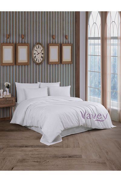 VAVEY Set cuvertură de pilota dublă din bumbac satinat cu dungi albe