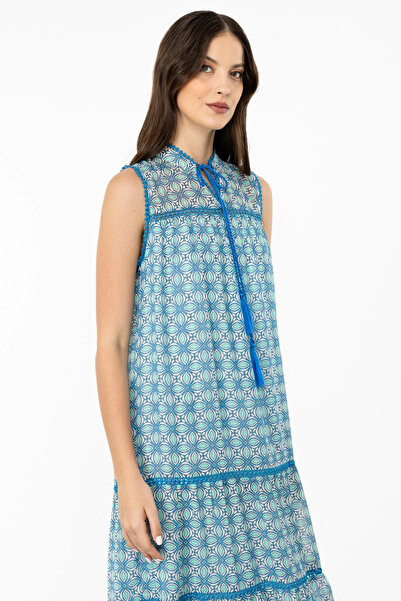 Ekol Desenli Midi Boy Elbise Mavi