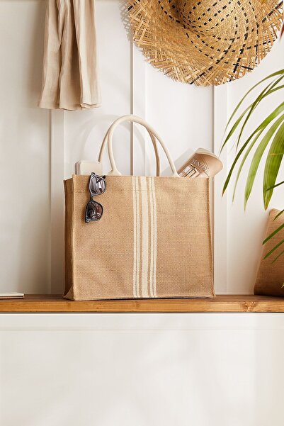 Ocean Home Textile Természetes juta bevásárló, váll, kar, tengeri strandtáska, vonalnyomott szalma színes 42x12x35