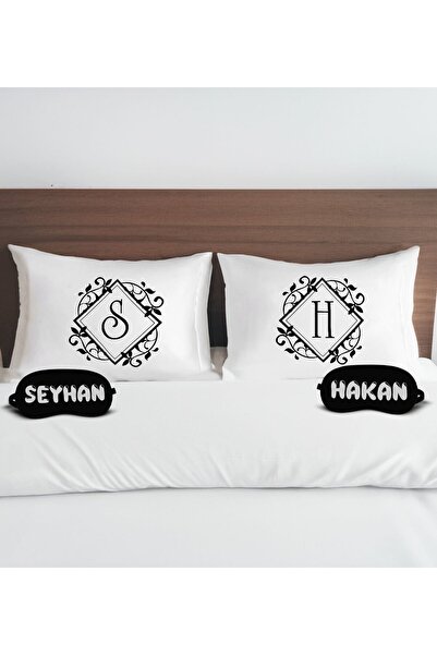 Bk Gift Kişiye Özel Baş Harfli Pamuklu Yastık Kılıfı ve Göz Bandı Çift Uyku S...