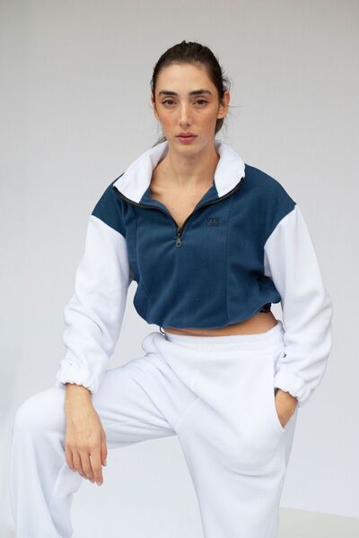 Vatkalimon Navy Blue White Half Zip Crop Fleece