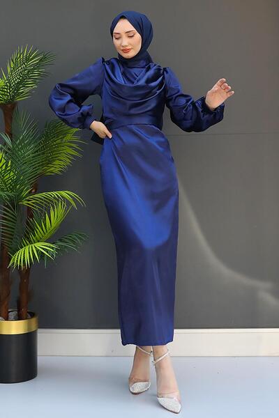 GİZ AGİYİM Βραδινό μπλε ντραζιέρα φόρεμα με χιτζάμπ