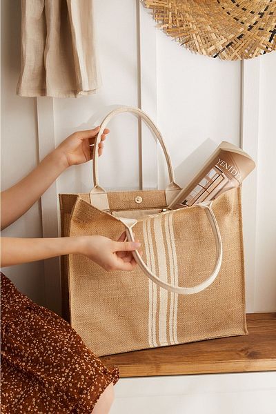 Ocean Home Textile Ριγέ στάμπα άχυρο σε φυσική γιούτα Αγορά, ώμος, λαβή, τσάντα παραλίας θάλασσας 42x12x35