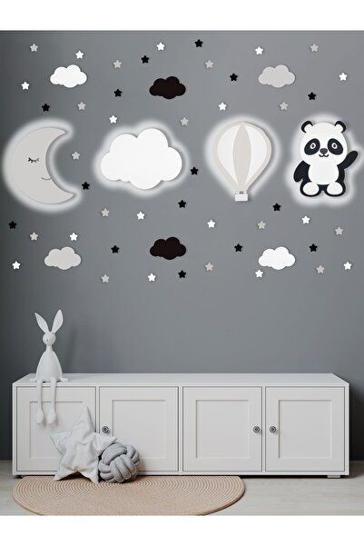 Uniqraft Design Ahşap Ay Bulut Balon Ve Panda Figürlü Çocuk Odası Dekoratif L...