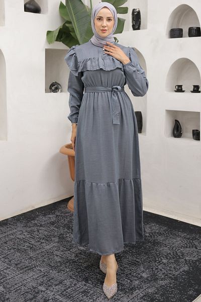 benguen Model 4043 - Rochie gri cu nasturi si cu volane in fata