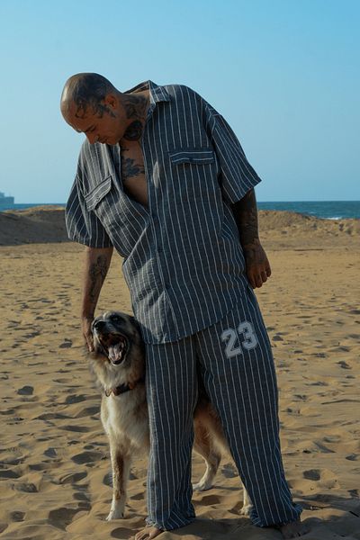gothamvibes Ανδρικό Σετ Γκρι Ριγέ Λινό