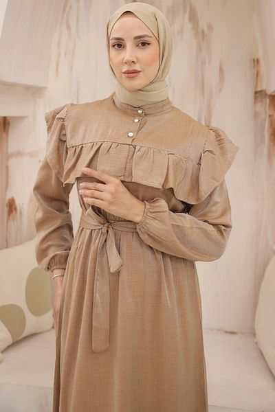 benguen 4043 Μοντέλο Camel Ruffle Μπροστινό φόρεμα με λεπτομερή κουμπιά