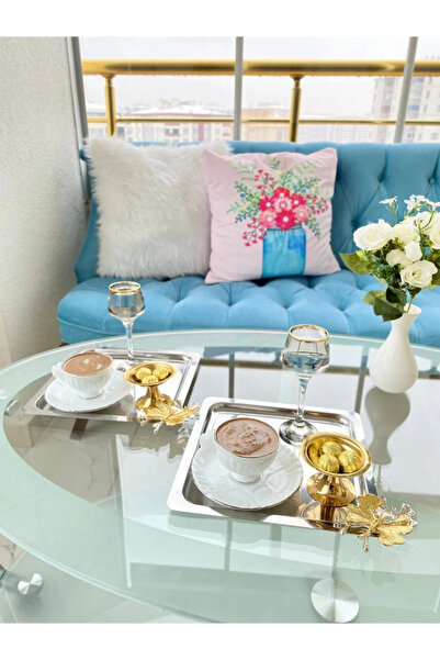 farklı evim صينية قهوة/شاي فضية من الفولاذ المقاوم للصدأ مكونة من قطعتين بنمط الفراشة الفاخرة - خدمة العرض المزخرفة