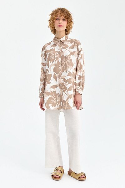 Esswaap Beige Color Leaf Patterned Fresh Trousers Set