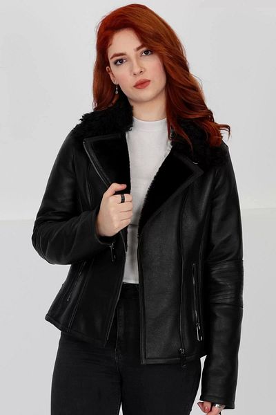 By Marki Marki Women's Black Genuine Leather Coat - Curly Fur, 65cm, Zip-Up