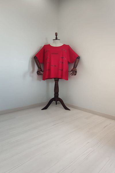 xlargebutik Large Size - Red Cloudy Combed Fabric with Stone Detail Full Flexible, Non-Burning and Sweat Resistant