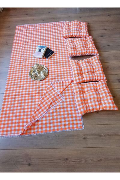 Marin Tasarım Evi Orange 4 Pieces Picnic Cloth Set - 40x40 Cushion 170x160 Table Cloth