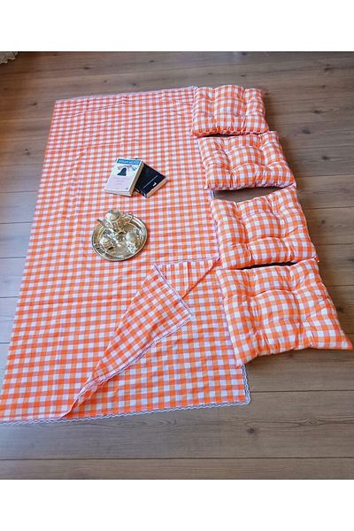 Marin Tasarım Evi Orange 4 Pieces Picnic Cloth Set - 40x40 Cushion 170x160 Table Cloth
