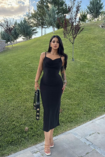 MOZENA فستان ميدي أسود مزموم