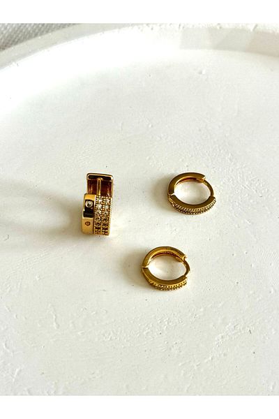 DEMOKAN 3-Piece Special Design Women's Earrings - Non-Tarnish Earrings with Tiny Hoop and Stone Detail