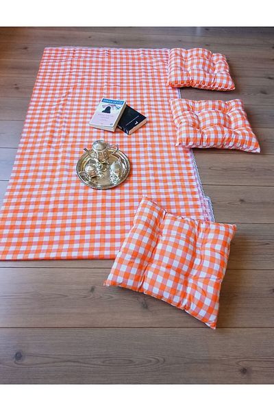 Marin Tasarım Evi 3 Pieces ORANGE Picnic Cloth Set - 40x40 Cushion, 170x140 Table Cloth
