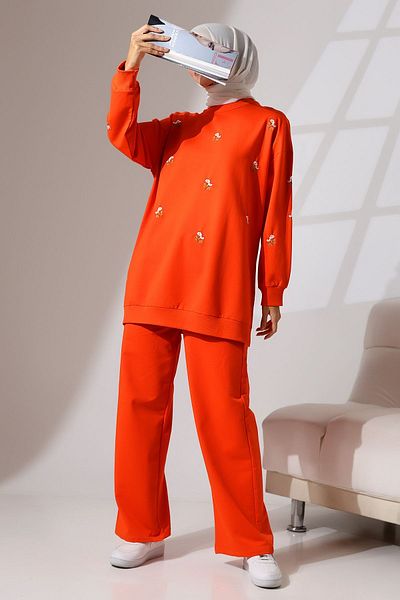Mihran Butik Women's Orange Seasonal Combed Cotton Bottom Top Sports and Comfortable Hijab Suit