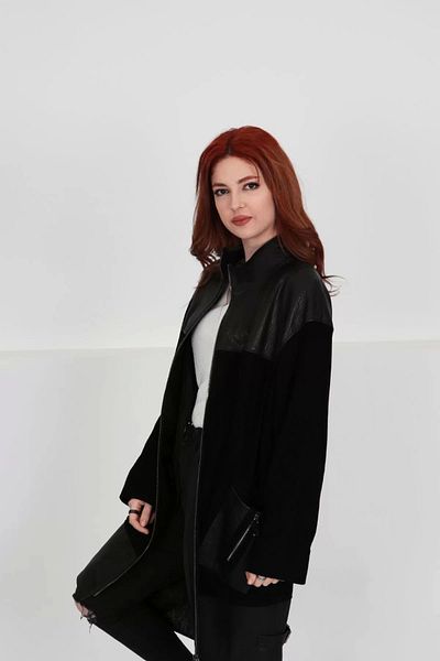 By Marki Marki Genuine Leather Black Oversize Coat - Zippered and Suede Detail, Women's Coat 100 cm