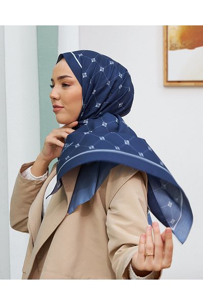 Silk Home Navy Blue-White 100% Twill Silk Monogram Shawl