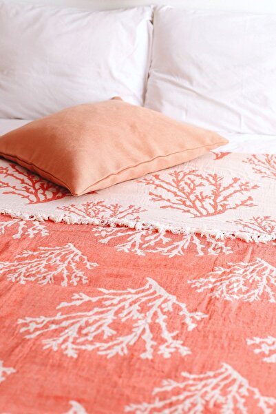 tante roza Coral 4 Kat Müslin Çift Kişilik Yatak Örtüsü Mercan 240x300 Cm