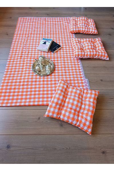 Marin Tasarım Evi 3 Pieces ORANGE Picnic Cloth Set - 40x40 Cushion, 170x140 Table Cloth