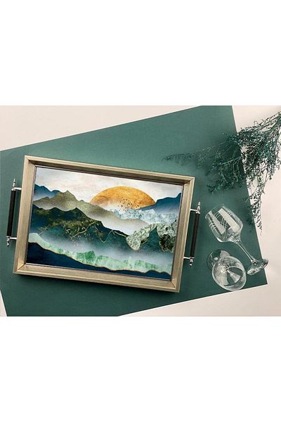 Sembol 50x31cm Silver Nature Pattern Wooden/glass Tray G-1021