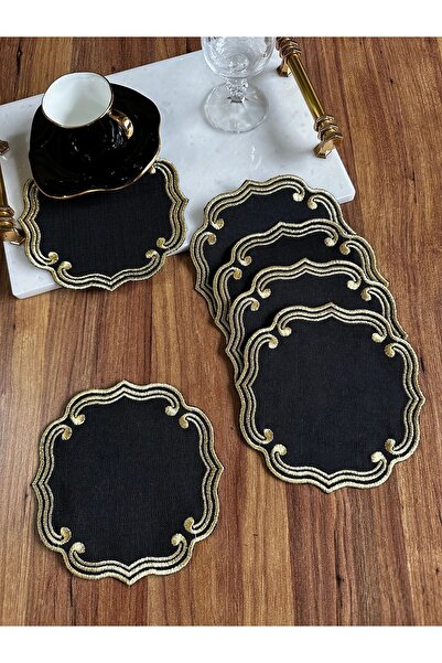 NURHAN HOME COLLECTION 6 Adet Curly Modeli Gold Renk Nakışlı Kahve Yanı Kokteyl Sunum Peçete