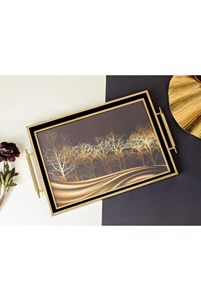 Sembol 50x31cm Kulplu Siyah Gold Ağaç Desen Ahşap/cam Tepsi S-1018