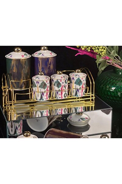 Sembol Maurica Çizgili Renkli 8 Parça Gold Standlı Porselen Baharat Takımı Purebone-121