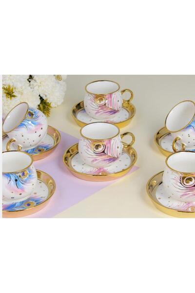 Sembol Gleam Tavuskuşu 6 Kişilik 95cc Porselen Kahve Fincan Takımı Purebone-44