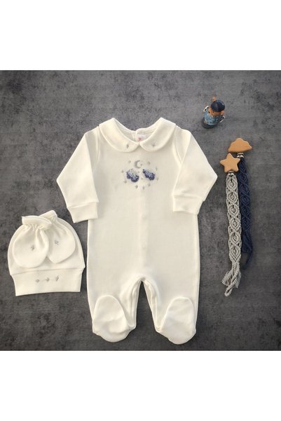 Florijee Twinkle Newborn Navy Blue Jumpsuit Set of 3 - Moon and Star Embroidered Plain Hat