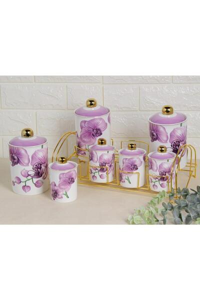Sembol Fiona Mor Çiçek 8 Parça Gold Standlı Porselen Baharat Takımı Purebone-48