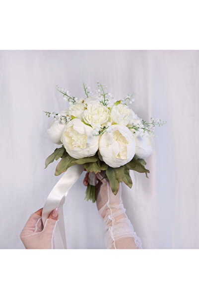 Luvienn Şakayık Gelin Buketi-Beyaz Gelin Çiçeği-Damat Yaka Çiçeği 2 li Set