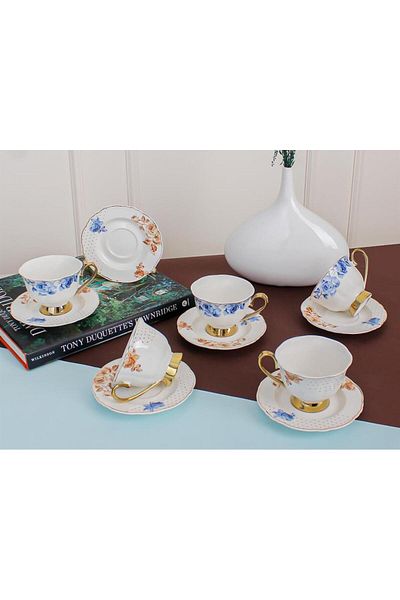 Sembol Neos Gold Gilded Flower Patterned 6-Person 100 ml Porcelain Coffee Cup Set Purebone-77